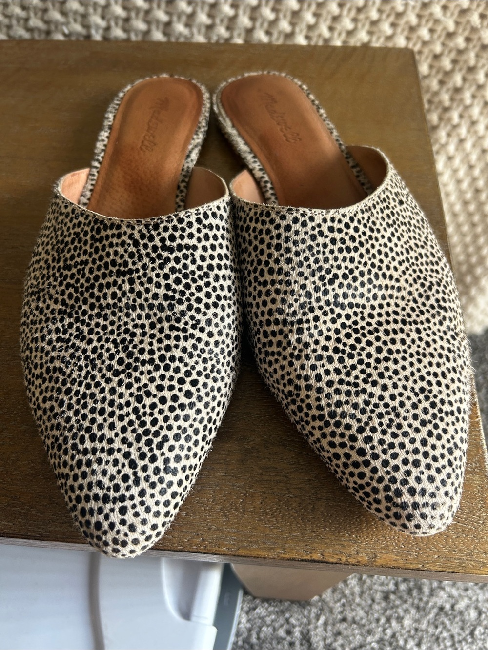 Madewell Spotted Pointed Mules in Cream and Black